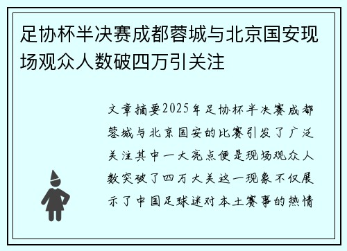 足协杯半决赛成都蓉城与北京国安现场观众人数破四万引关注