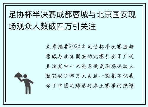 足协杯半决赛成都蓉城与北京国安现场观众人数破四万引关注