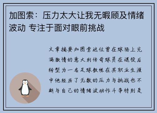 加图索：压力太大让我无暇顾及情绪波动 专注于面对眼前挑战