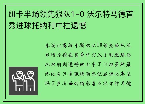 纽卡半场领先狼队1-0 沃尔特马德首秀进球托纳利中柱遗憾